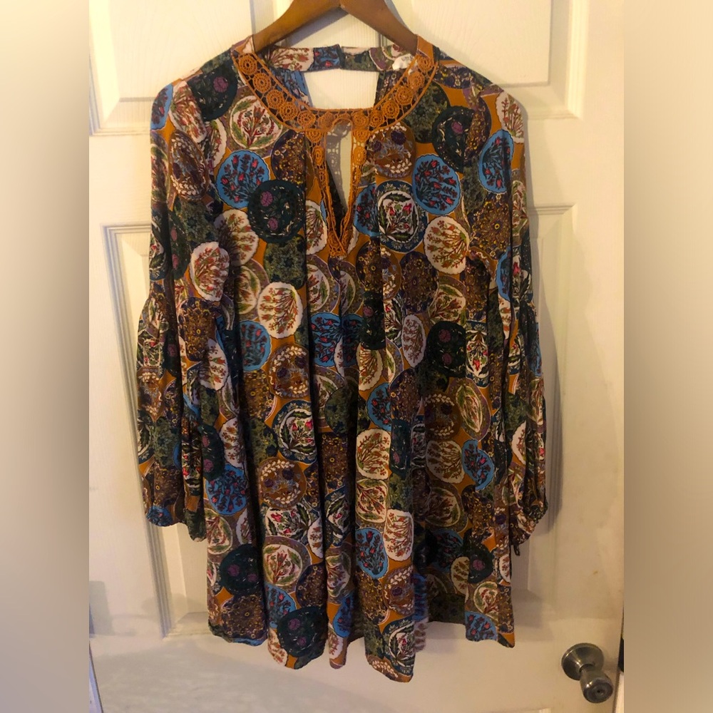 UMGEE USA Womens Oversize Medallion Plate Mini Dress Size M Balloon Sleeve Boho